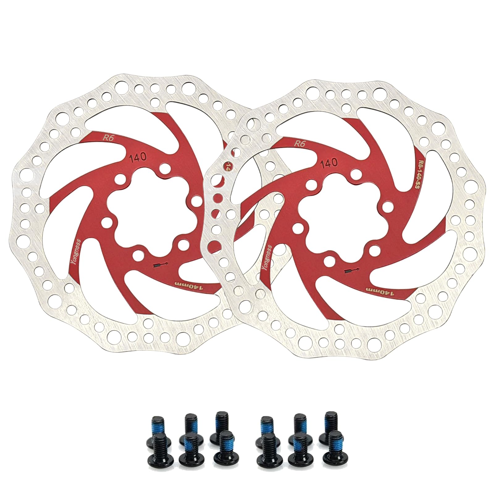 Yongness Bicycle Disc Brake Rotor, Red Brake Rotor 180mm 6 Holes 2 Pack with 12 Screws, Stainless Steel Brake Rotor, Compatible with Shimano Tektro Avid Magura Hayes