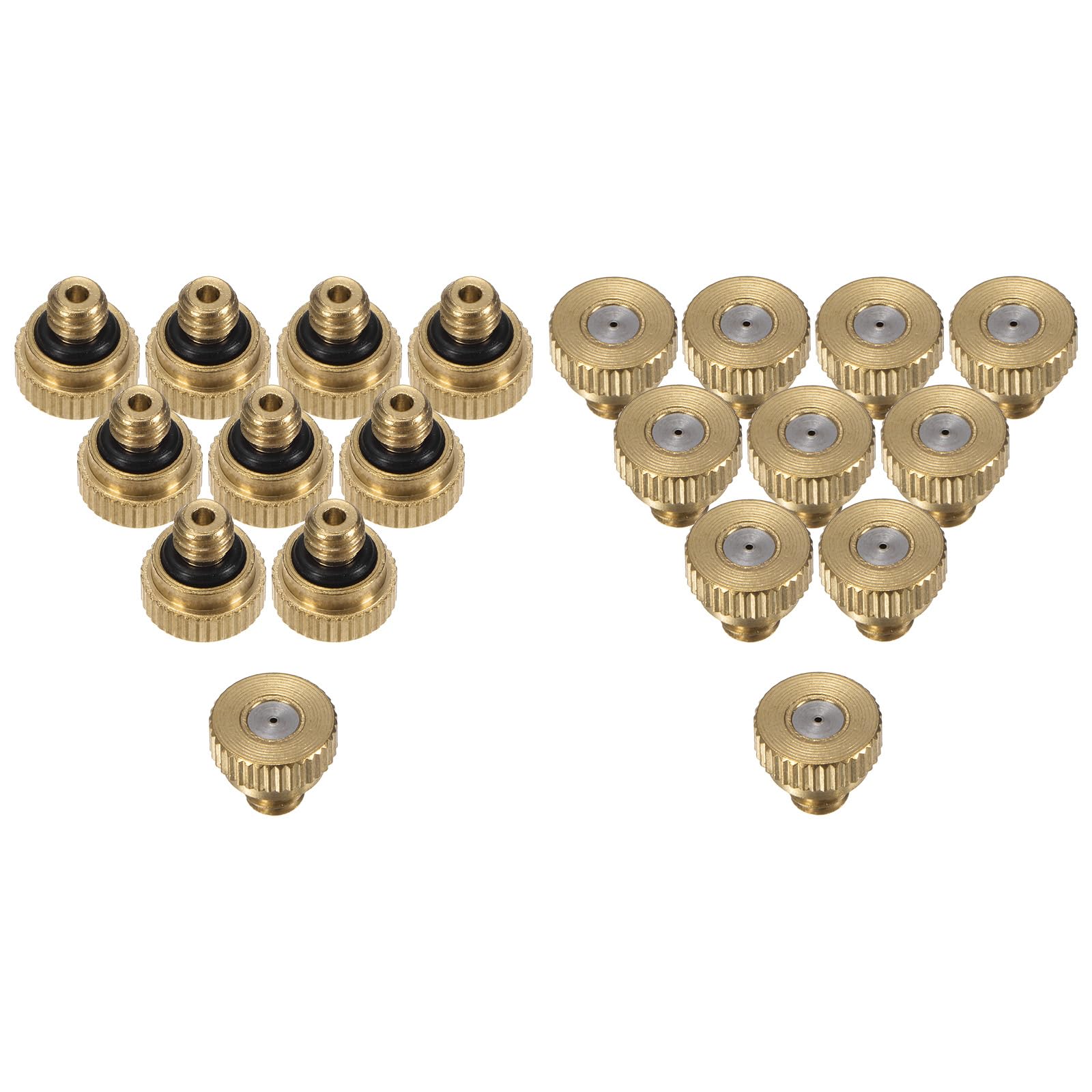 M METERXITY 20-Pack Brass Misting Nozzle, 0.024" 0.6mm Orifice 10/24 UNC O-Ring Replacement Mister Nozzles Plug Mister Heads for Garden Patio Outdoor Cooling System Low-Pressure Atomizing