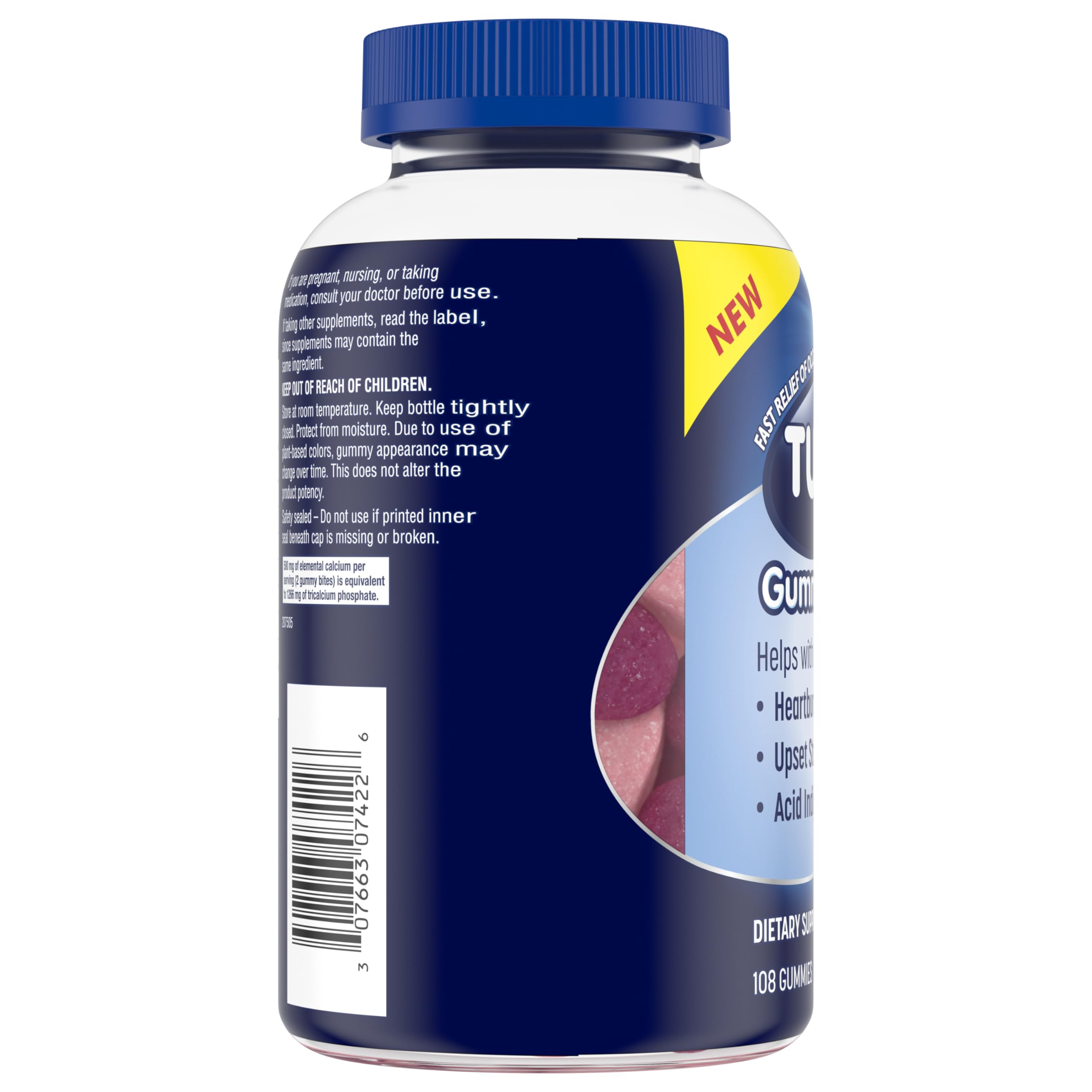 TUMS Gummy Bites Dietary Supplement for Occasional Heartburn Relief, Upset Stomach and Acid Indigestion, Great for a Summer BBQ - Cherry Berry Burst - 108 Count