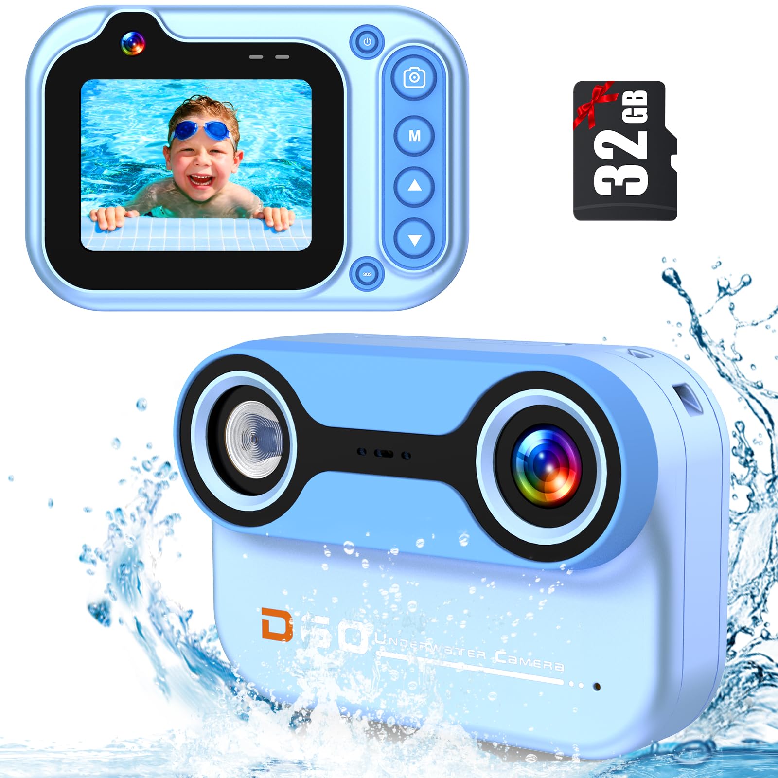 Kids Camera Waterproof 3M Underwater Camera for Kids 26MP 1080P HD Digital Camera 2.4" Children Digital Action Camera with 32GB Card, Camera Gifts Toys for Boys Girls 3 4 5 6 7 8 9 Years - Blue