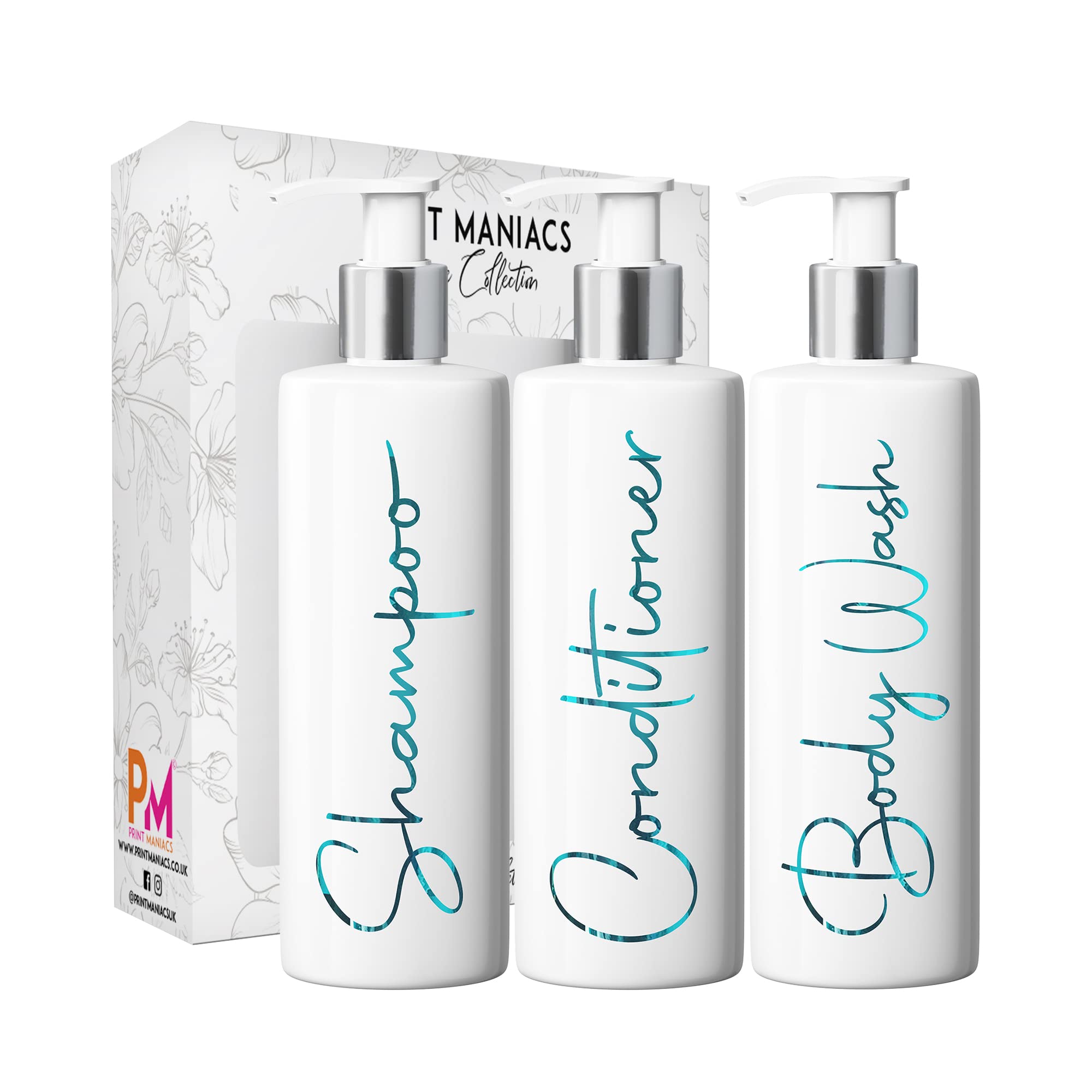 Print Maniacs White Mrs Hinch Inspired Personalised 500ml Pump Bottles Bathroom Lotion Kitchen Set Shampoo Conditioner ( 3 Set, F2 ) (Teal)