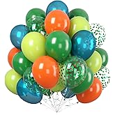 Paready Dinosaur Balloons Set, 60Pcs Green Orange Dino Balloons, 12 Inch Helium Fruit Green Orange Blue Confetti Latex Balloon for Dinosaur Themed Party Decoration Supplies