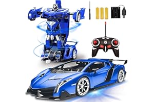 AMENON Remote Control Transform Car Robot Toy for Boys Kids Teens Toys with Lights RC Car 2.4Ghz 1:18 Rechargeable 360°Rotating Race Car Toys for Kids Girls Party Favors (Blue)