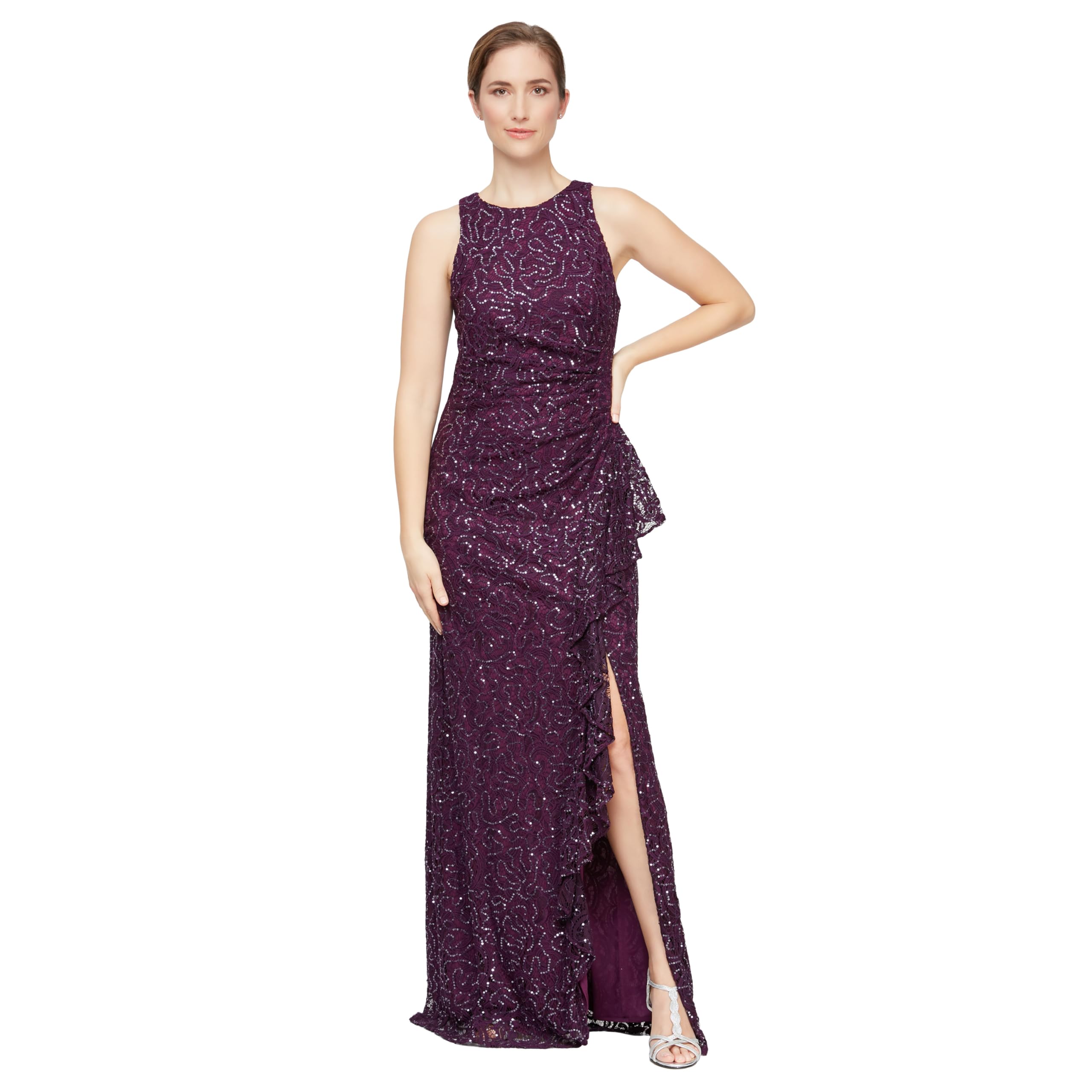 Photo 1 of Alex Evenings Women's Long Sleeveless Mother of The Bride Dress w/Cascade Ruffle & Front Slit, (Petite and Regular Sizes), Plum, 14