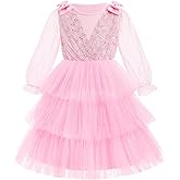 AWIBMK Sparkly Girl Sequin Prom Dress Mesh Long Sleeve Bow Shoulder Tiered Tulle Wedding Birthday Pageant Party Dresses