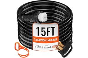 VEVOR 15 FT 50 Amp Generator Extension Cord NEMA 14-50P to SS2-50R & CS6364, STW 6/3+8/1 AWG 125/250V Generator Power Cord Twist Lock Connectors for Generator to House