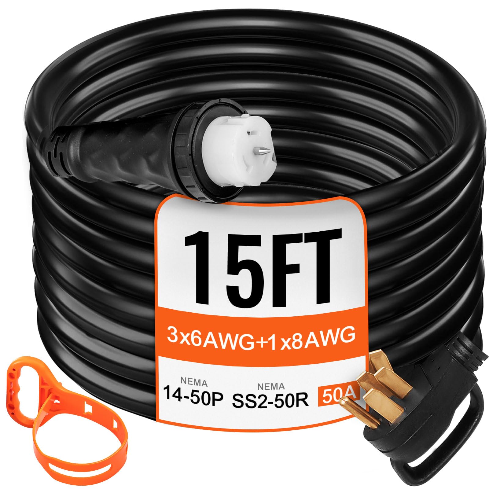 VEVOR 15 FT 50 Amp Generator Extension Cord NEMA 14-50P to SS2-50R & CS6364, STW 6/3+8/1 AWG 125/250V Generator Power Cord Twist Lock Connectors for Generator to House Image