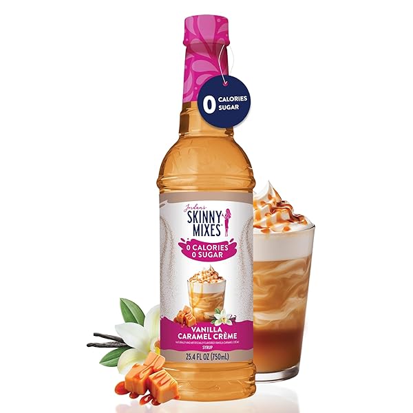 JORDAN’S SKINNY SYRUPS SUGAR FREE COFFEE SYRUP, VANILLA CARAMEL CREME FLAVOR DRINK MIX, ZERO CALORIE FLAVORING FOR CHAI LATTE, PROTEIN SHAKE, FOOD & MORE, KETO FRIENDLY, 25.4 FL OZ (PACK OF 1)
