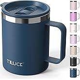 TILUCK 12 oz Insulated Coffee Mug with Lid,Stainless Steel Travel Mug Cup with Handle for Hot or Cold Drinks(DarkBlue, 12oz)
