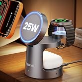 Qi2.2 25W 3 in 1 Charging Station for Apple Compatible with MagSafe Foldable Wireless Charger, Magnetic Charger with Night Light for iPhone 18/17/16/15/14/13/12, Apple Watch &amp; AirPods (Grey)