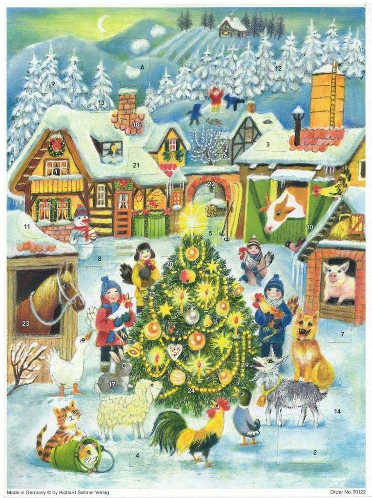 Large Advent Calendar 24 Doors 355 x 260 mm - Large Victorian Snowscene Advent Calendar - Large Snowscene Advent Calendar - Round The Christmas Tree - with Glitter and Translucent Windows - RS 70122