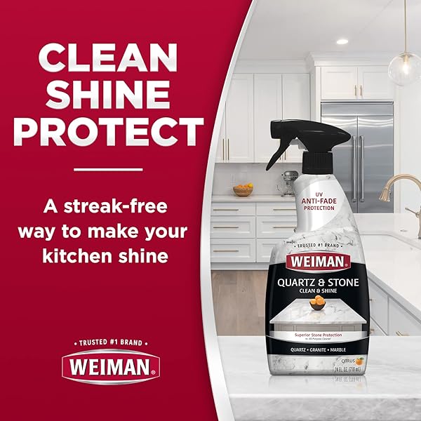 WEIMAN QUARTZ COUNTERTOP CLEANER AND POLISH – 24 OUNCE – CLEAN AND SHINE YOUR QUARTZ COUNTERTOPS ISLANDS AND STONE SURFACES WITH ULTRA VIOLET PROTECTION