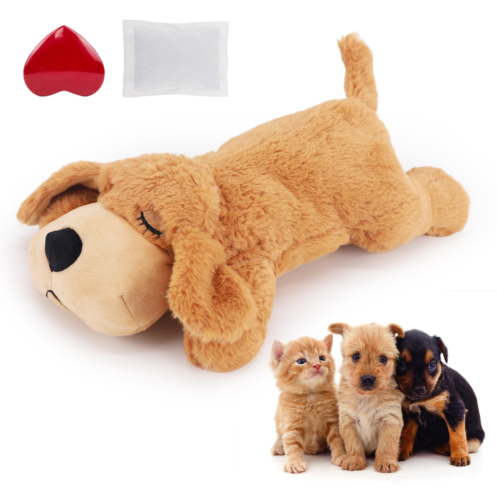 IFOYO Heartbeat Dog Toy, Relieving Dog Anxiety Toy with Calming Heartbeats Sound for Puppies Dogs Cats Separation Anxiety, Puppy Heartbeat Comforter for Behavioral Training (Washable, Light Brown)