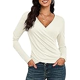 TAIPOVE Women's Long Sleeve Deep V Neck Ribbed Shirt Wrap Ruched Sexy Going Out Tops Slim Fit Trendy Fall Winter Outfits