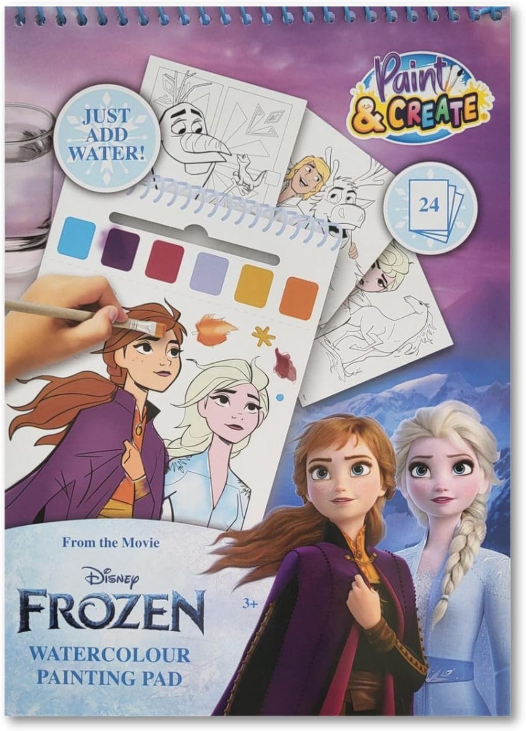 Disney Frozen Watercolour Colouring Book - Watercolour Colouring Pad with 24 Pages & Brush - "Paint & Create" Watercolour Book for Kids - Elsa & Anna Motif (FR24355)