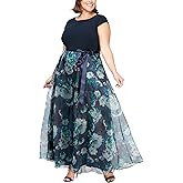 S.L. Fashions Womens Long Floral Print Sleeveless Special Occasion Dress with Removable Satin Belt (Plus Size)