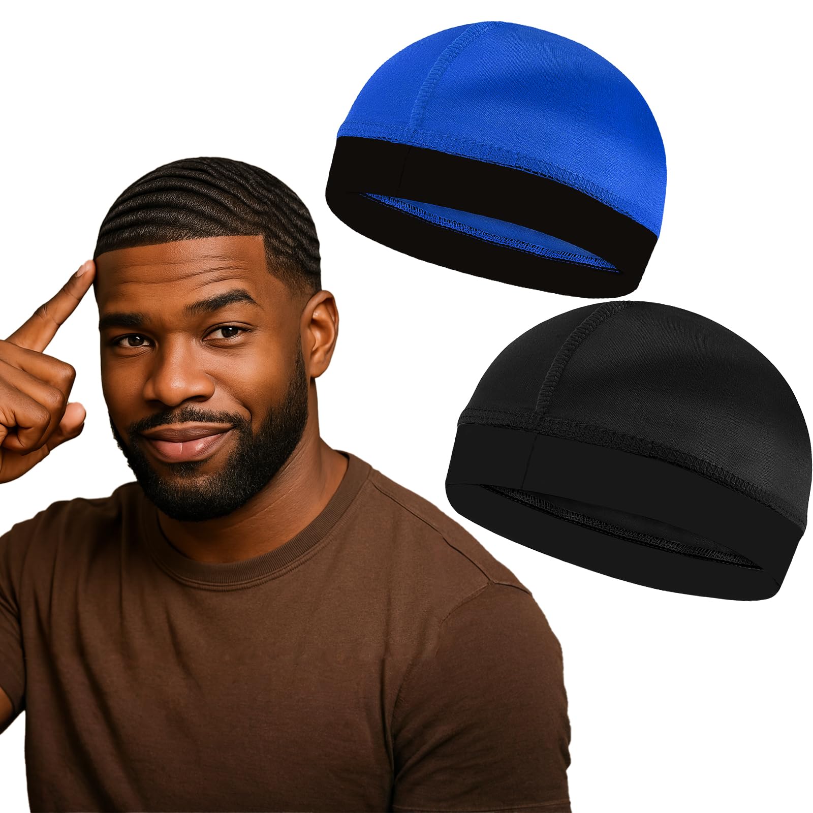 Photo 1 of 2PCS Silky Stocking Wave Cap for Men, Good Compression Over Durag (Blue+Black)