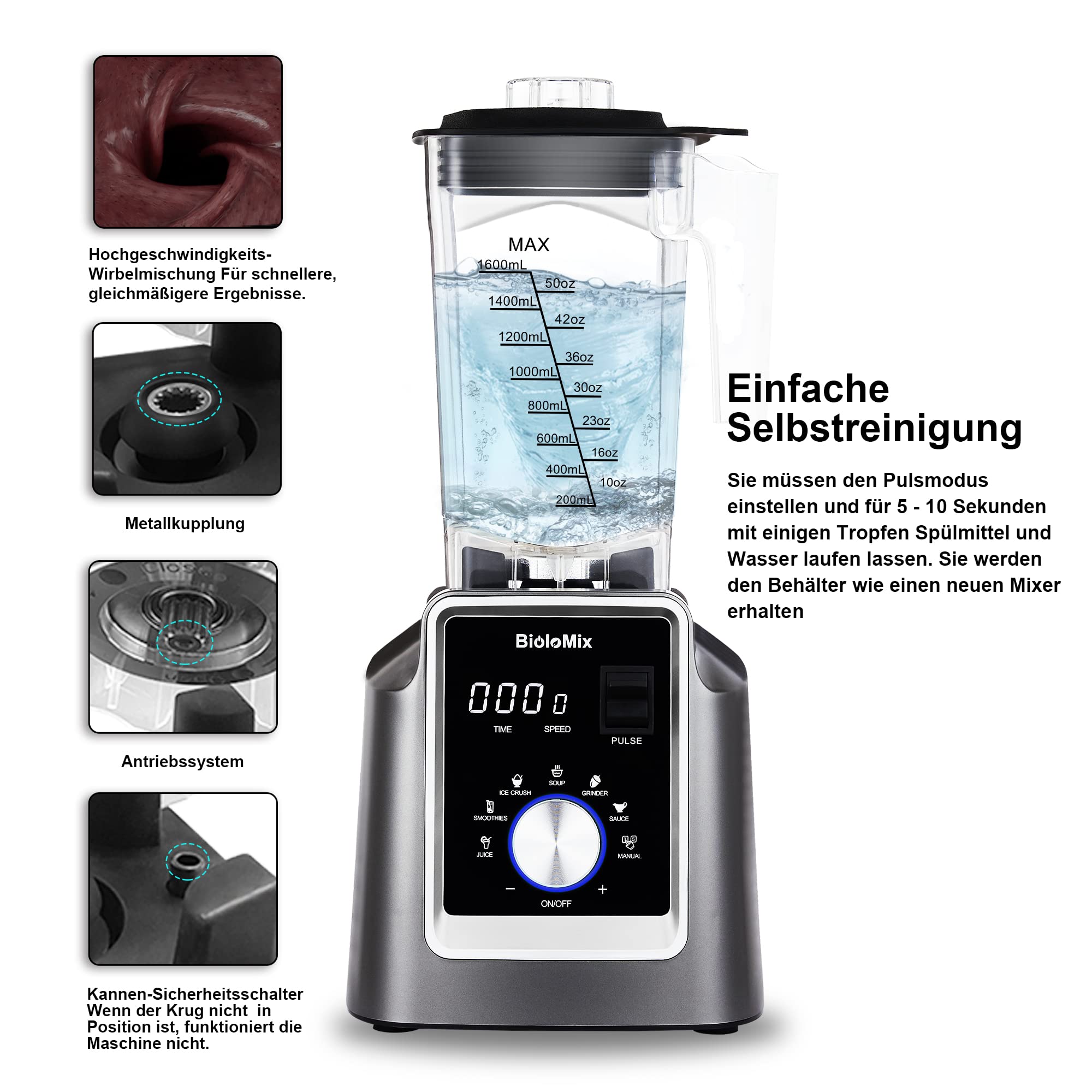 BioloMix Hochleistungsmixer 2200W,Selbstreinigungsfunktion,Standmixer mit 2L Behälter ohne BPA Smoothie Maker (T5600) 5