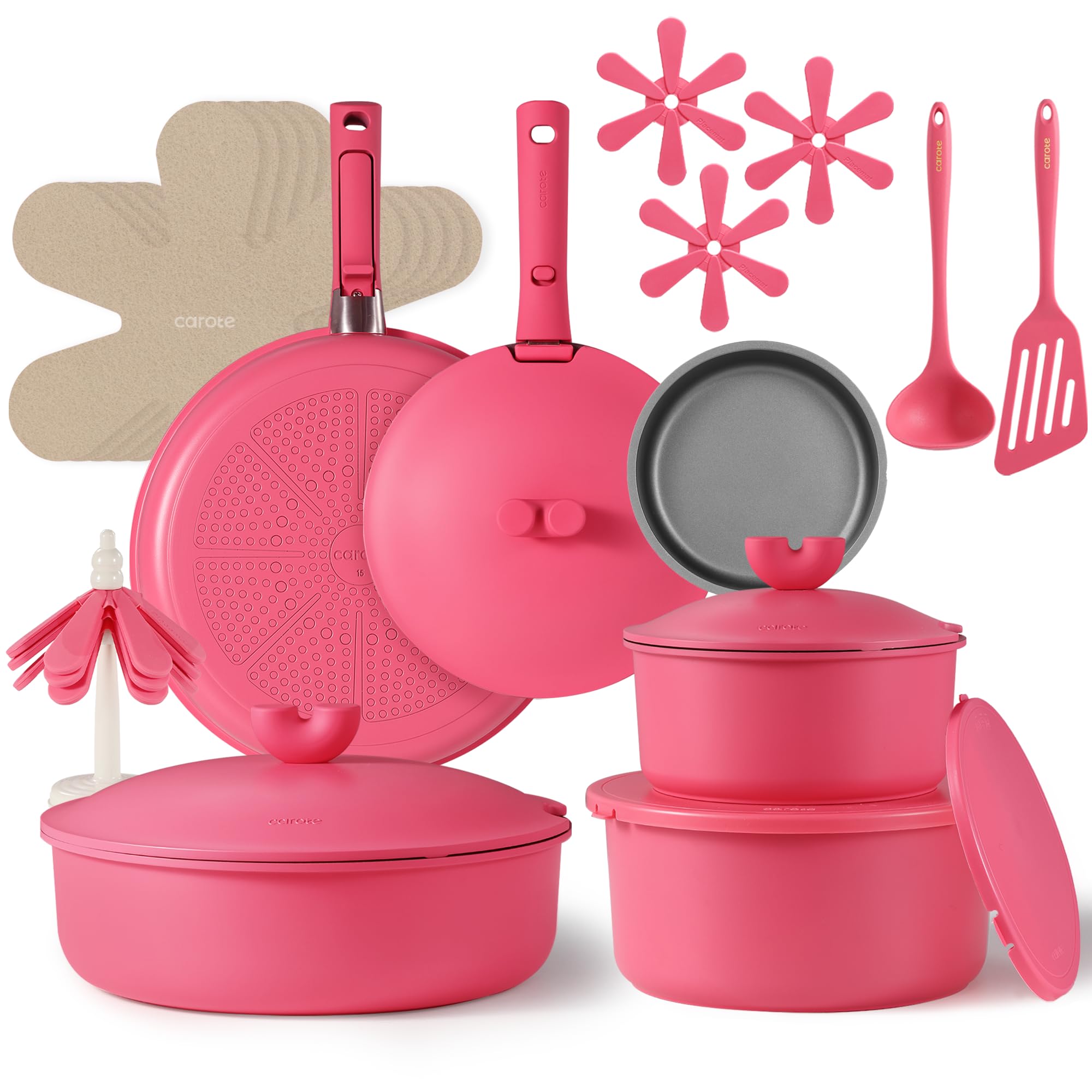 Photo 1 of CAROTE 24pcs Pots and Pans Set Non Stick, Nonstick Cookware Set, Oven/Dishwasher/Fridge Safe Pots and Pans, RV Safe Cookware, Induction Kitchen Gift Set Detachable Handle, Pink