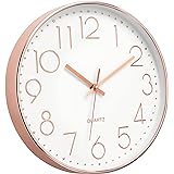 Foxtop Modern Wall Clock 12 Inch Non-Ticking Silent Battery Operated Round Quartz Rose Gold Wall Clock for Office Bedroom Liv