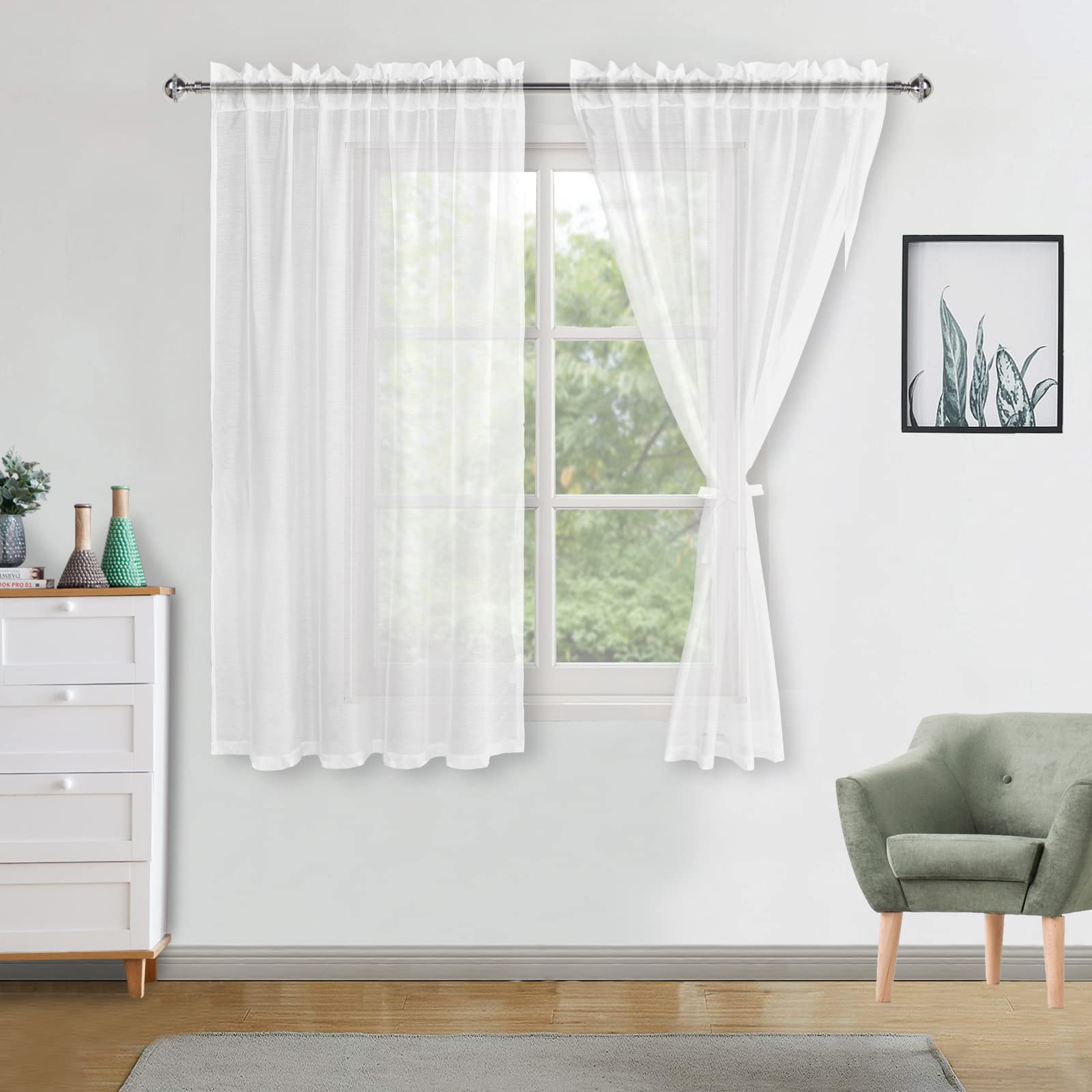 DWCN White Net Curtains for Windows 54 Drop Pair with Tiebacks Semi Transparent Soft Sheer Curtains Rod Pocket Voile Curtain Home Decoration for Living Room/Bedroom/Kitchen,56" W x 54" Drop,2 Panels