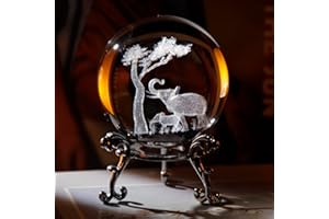 vskikris 2.36in 3D Laser Crystal Elephant Parent-Child Figurines Crystal Ball Paperweight with Stand Base - 3D Laser Crystal Animals Gift Home Decor