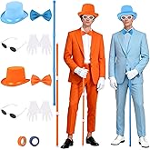 BOUTICOL 10 Pcs Halloween Adult Blue and Orange Top Hat Costume include Top Hat Bow Ties Glasses Gloves Socks and Spliced Walking Stick for Man and Woman Halloween Cosplay Party