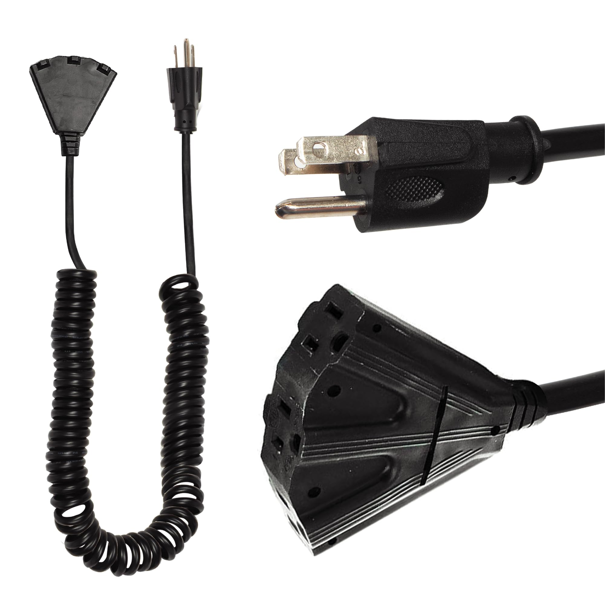 Photo 1 of Iron Forge Cable SJEOW 3 Outlet Black Outdoor Coiled Extension Cord 5 ft, 16/3, 13 Amp Oil Resistant & Flame Retardant 3 Prong Coiled Wire for Outdoor & Indoor
