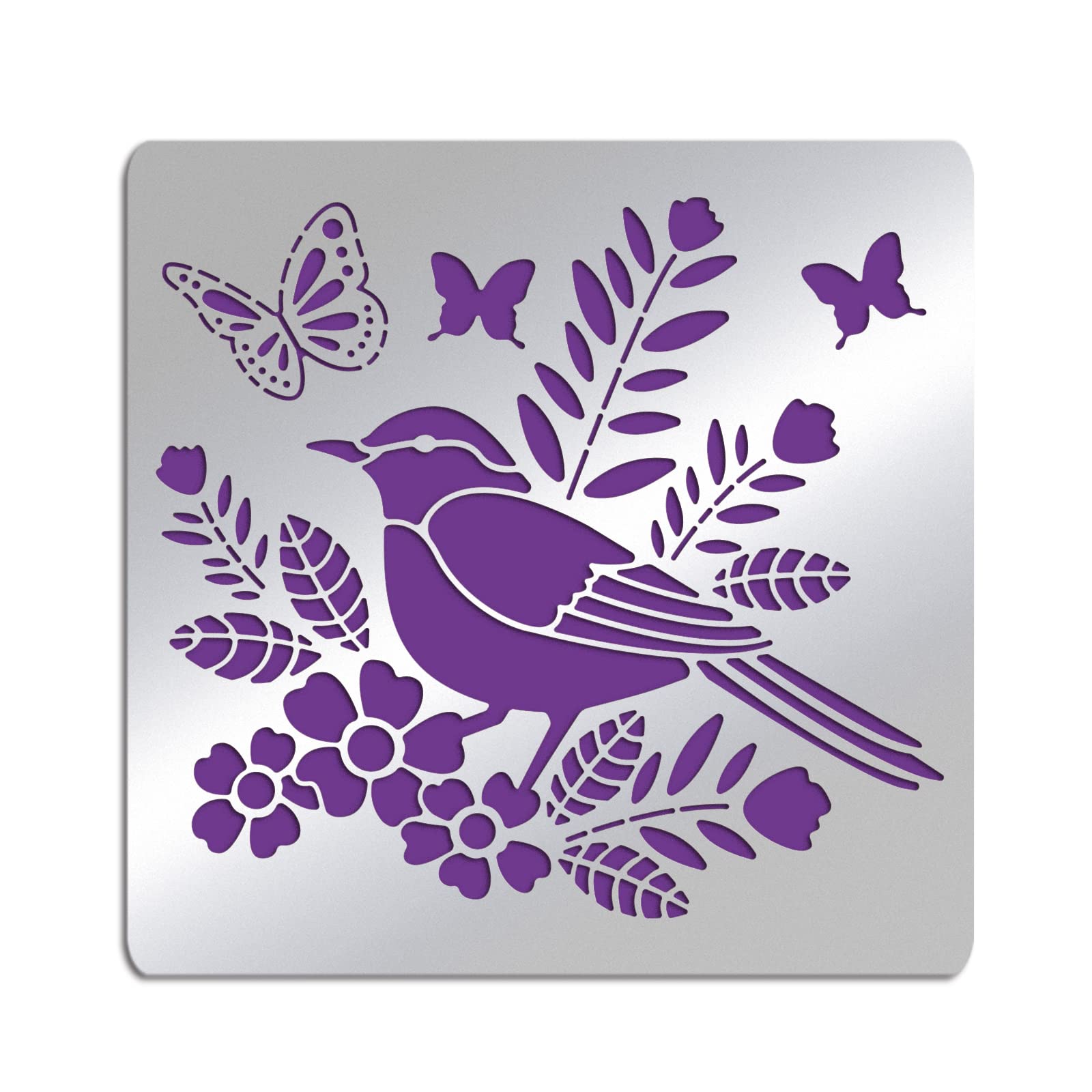 FINGERINSPIRE Metal Bird Floral Stencil 15.6cm Square Bird Butterfly Scrapbooking Drawing Stencils Stainless Steel Flower Stencils for Engraving, Pyrography, Journal and Planner Making
