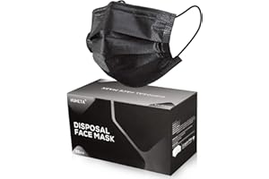 HUHETA Pack of 50 Disposable Face Mask 3-Ply Breathable & Comfortable Safety Mask, Protective Masks for Indoor and Outdoor - Individually Wrapped (Black Mask)