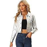 Allegra K Metallic Jacket for Women Moto Biker Jacket Holographic Shiny Crop Party Jackets