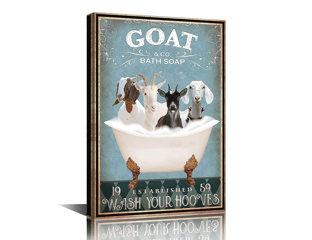 Funny Goat Bathroom Wall Decor - Vintage Farmhouse Poster Canvas Framed Art - Retro Farm Home Toilet Decoration - Bathtub Decor Ready to Hang - 18" W x 12" H