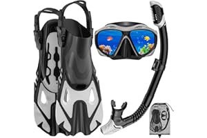 JWINTEE Snorkeling Gear for Adults, Mask Fin Snorkel Set, Dry Top Snorkel Mask, Panoramic View Anti-Leak Anti-Fog 3 in 1 Snorkeling Kit Travel Diving Package with Storage Bag