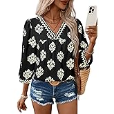 SHEWIN Women's Casual V Neck Floral Print Chiffon Blouses 3/4 Sleeve Boho Summer Tops Shirts