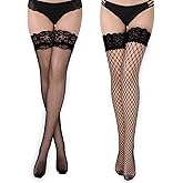 APLZGMG 2 Pair Rhinestone Fishnets Thigh High Stockings, 2 Styles Black Lace Socks, Sparkle Fishnet Tights for Women, Sexy Lace Top Silicone Socks for Halloween Christmas Cosplay Clothing Accessories