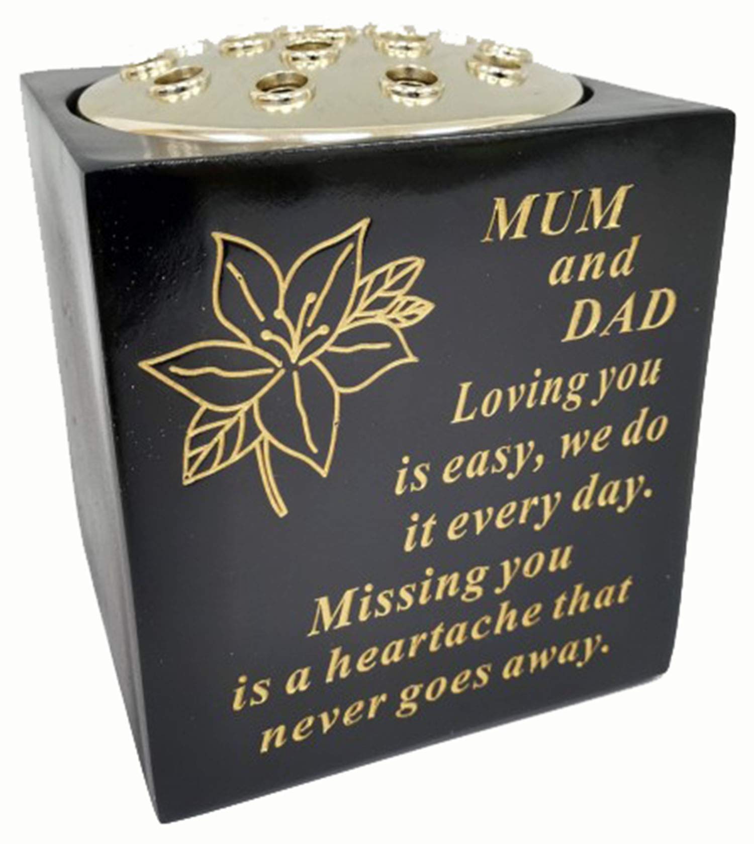 David Fischhoff Mum and Dad Black and Gold Grave Memorial Rose Bowl, Weatherproof - for Graveside Flower Arrangements, 14 X 15 Cm