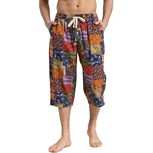 Harbrosrce Men's Linen Short Printed 3/4 Length Trousers with Drastring | Summer Patterned Cotton Shorts with Drawstring for