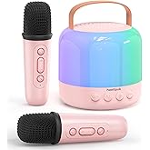 Mini Karaoke Machine for Kids Adults,Portable Bluetooth Speaker with 2 Wireless Microphones Toys Gifts for Girls 4-12 Years Old,Karaoke Speaker with Dazzling Lights (Pink-Square Mics)