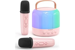 HEETIPUK Mini Karaoke Machine for Kids Adults,Portable Bluetooth Speaker with 2 Wireless Microphones Toys Gifts for Girls 4-12 Years Old,Karaoke Speaker with Dazzling Lights (Pink-Square Mics)