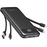 charmast Portable Charger Power Bank with Reinforced Built-in 4 Cables | 10000mAh,6 Outputs 3 Inputs,Travel Essentials,Carry-on Only,3A Fast Charging Portable Phone Charger for iPhone Samsung Pixel