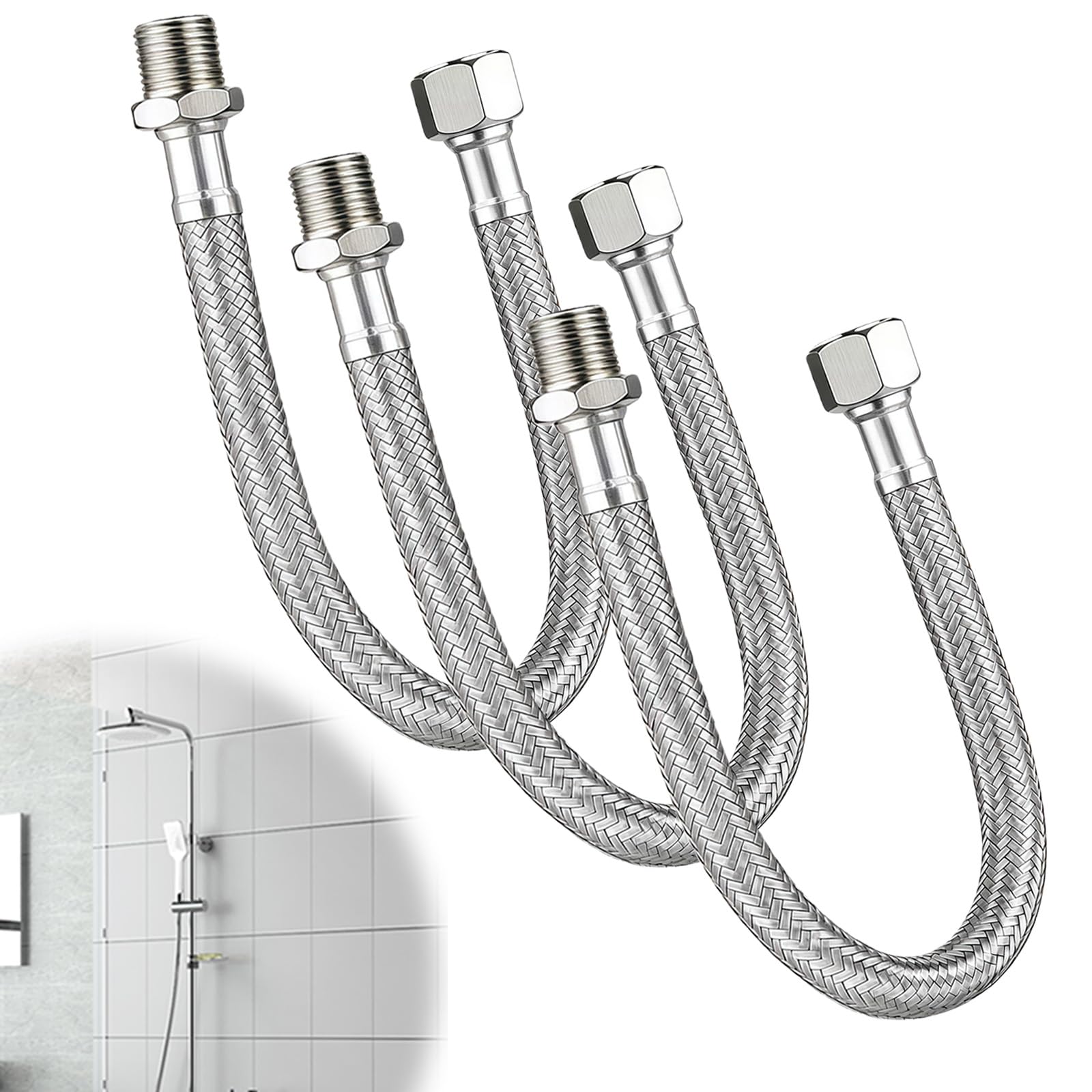 Photo 1 of (3-Pack) Faucet Supply Line Extension, 12-Inch – 3/8" Male to 3/8" Female Compression, Stainless Steel Braided with PEX Inner Tube – Ideal for Bathroom, Kitchen, RV & Water Filter Systems