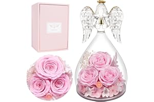 Miofula Preserved Flower Angel Rose Gifts for Women, Angel Figurines with Three Real Rose Gifts for Her Mom Grandma, Flowers Gift for Christmas Mother’s Day Valentines Birthday Gift for Women, Pink