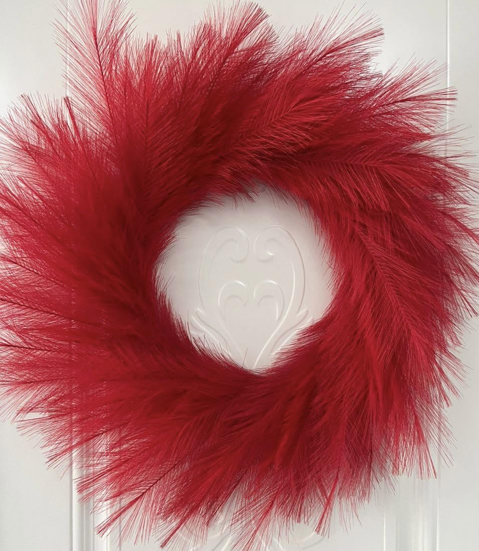 VOULUX Fluffy Artificial Large Faux Pampas Grass Wreath 27" Red Modern Feather Boho Indoor Farmhouse Wall Decor Baby Sea Grass Spring Wheat for Front Door