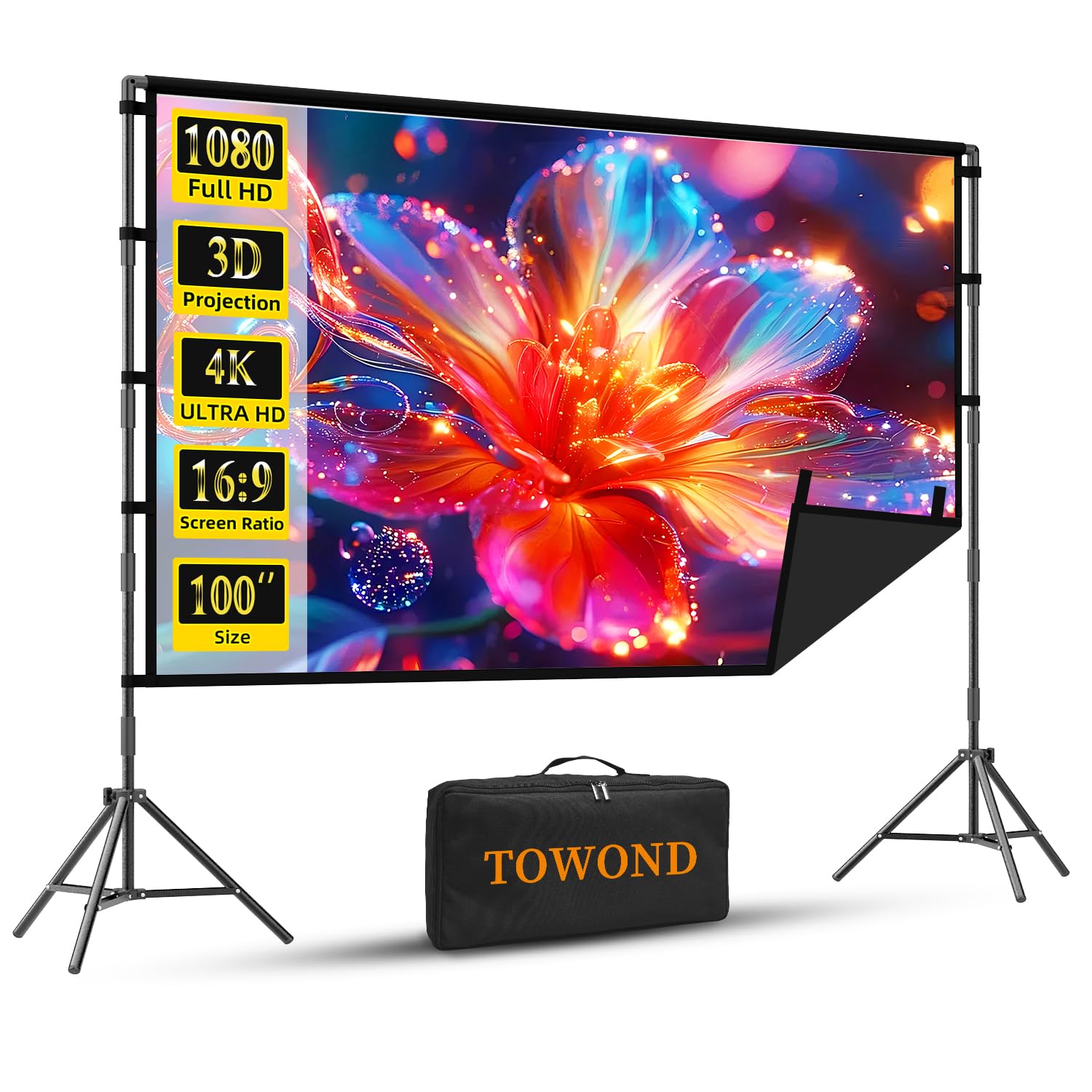 Photo 1 of Projector Screen with Stand, TOWOND 100 inch Portable Projector Screen Black Backing, Indoor Outdoor Movie Screen 16:9 4K HD Wrinkle-Free Projection Screen with Carry Bag for Backyard Movie Night