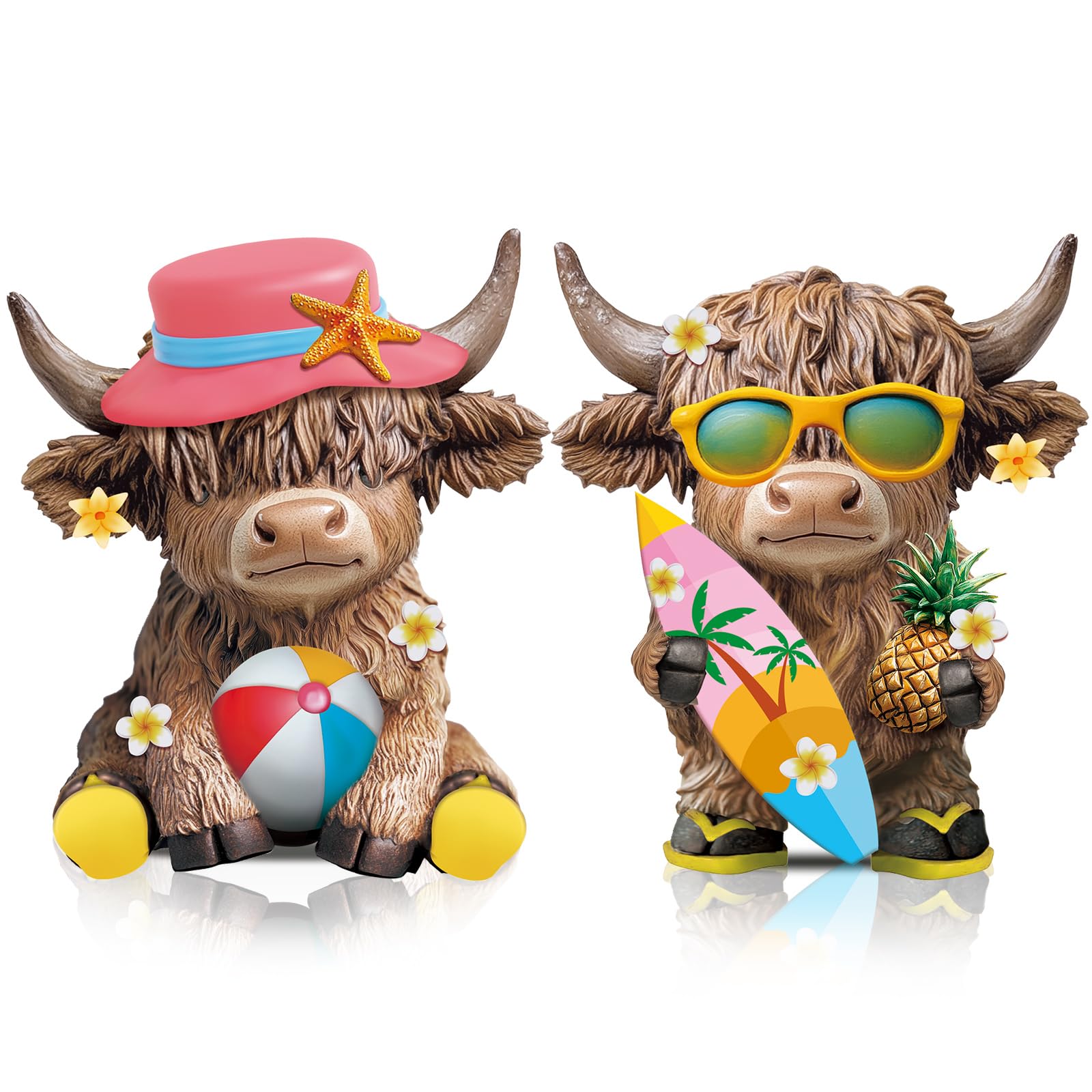Photo 1 of Karenhi 2 Pcs Highland Cow Figurines Summer Beach Seaside Coastal Highland Cow Gnomes Scottish Resin Statue Calf Lovers Gifts for Summer Home Garden Kitchen Office Tiered Tray Table Decor