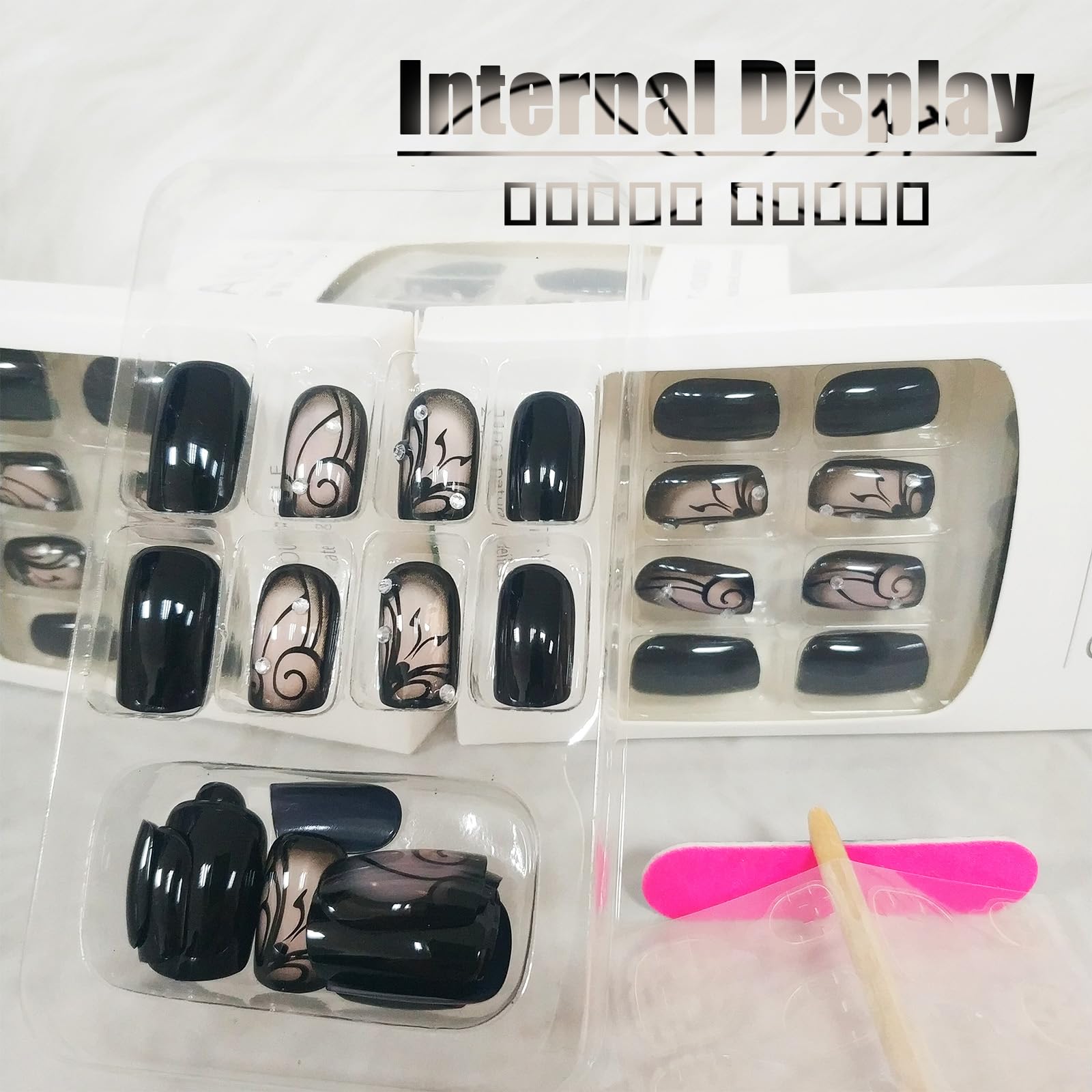 Curve Line Press on Nails Glossy Black Ins Medium Square False Nails Dark Vine Gel Glue on Nails, Rhinestones Acrylic Fake Nails Crystal Stick on Nails for Manicure Art Coquette Women Girls 24Pcs - Image 4