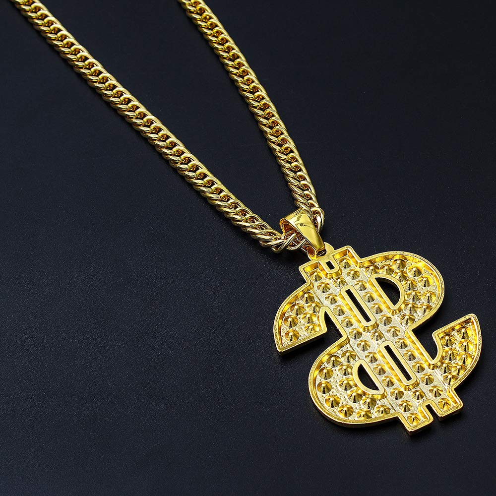 UEJUNBO Gold Chain with Dollar Sign Big Money Necklaces for Men Women,Stainless Steel Iced Out Rhinestone Jewelry,Fashion Pendants with 28 Inches Chain
