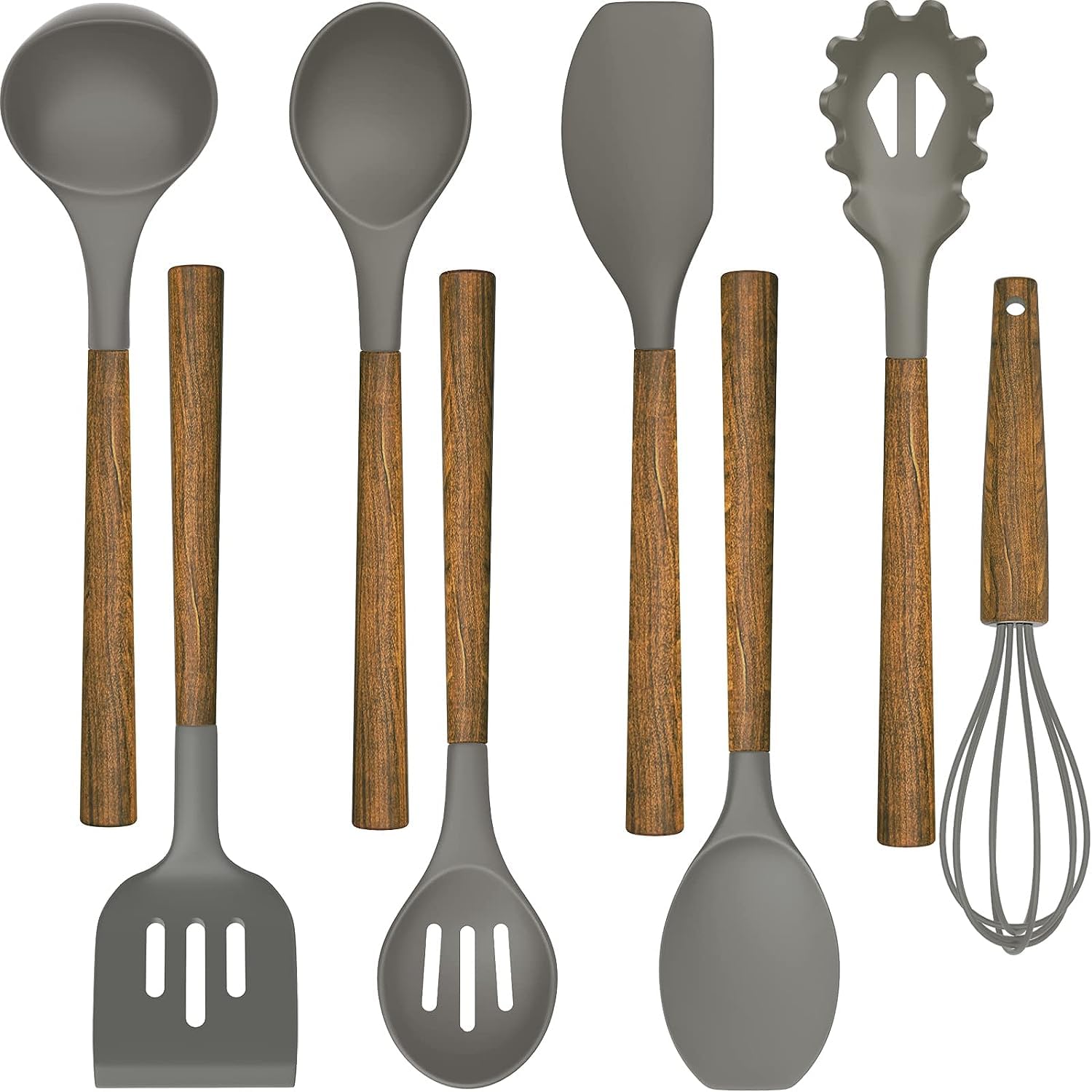 Cooking Utensils Set, 8 PCS Kitchen Utensil Set with Wooden Handle, Silicone Kitchen Utensil Accessories, Non-Sticky, Heat Resistant, Easy Cleaning Utensil Set (Grey)