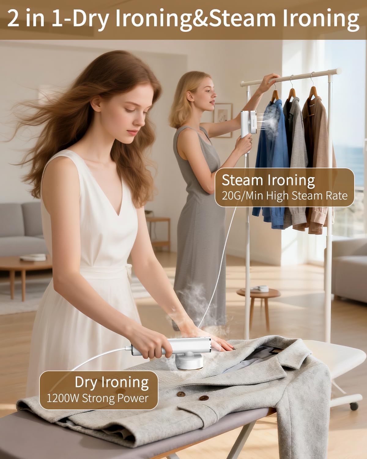 HULMAY Portable Steamer For Clothes Travel Mini Steamer and Iron Fast 10s Heat-Up, Horizontal and Vertical 1200W Effortless Wrinkle Removal, Garment Steamer and Iron for Travel Office Home(110-120V)