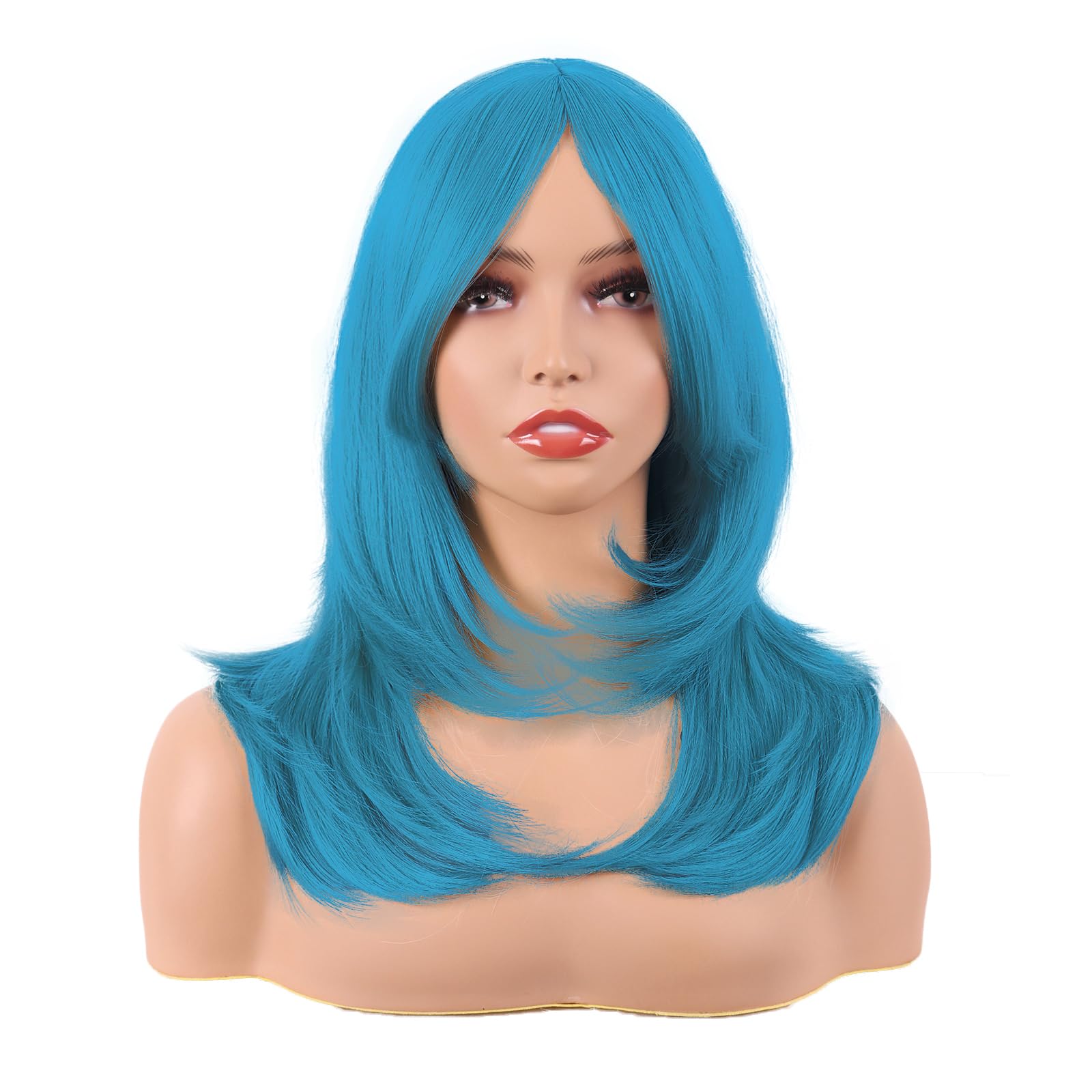 MapofBeauty 20 Inch/50 cm Long Layered With Bangs Straight Synthetic fiber Shoulder Length Hair for Daily Use or Party Wig (Cyan Blue) — image 1